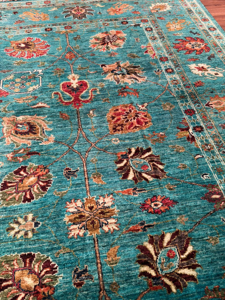 Sultani One Thousand and One Nights Original Handwoven Turquoise Root Dye Wool Rug 252x302 cm (7.61 square meters) - 8x10 ft 