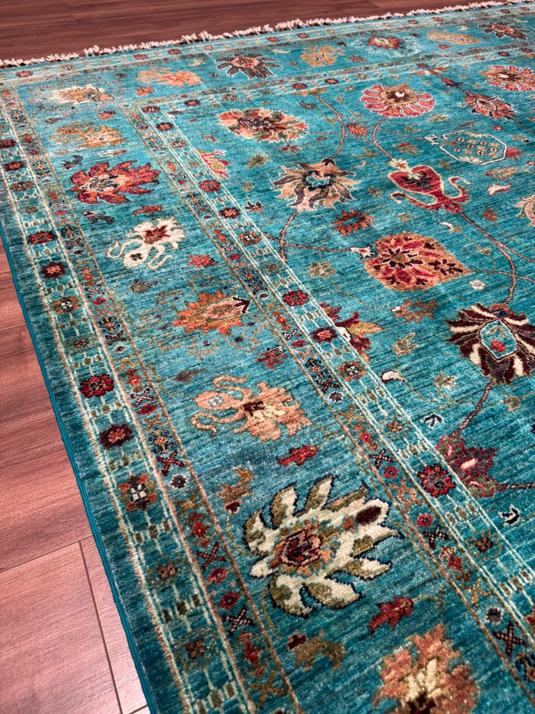 Sultani One Thousand and One Nights Original Handwoven Turquoise Root Dye Wool Rug 252x302 cm (7.61 square meters) - 8x10 ft 