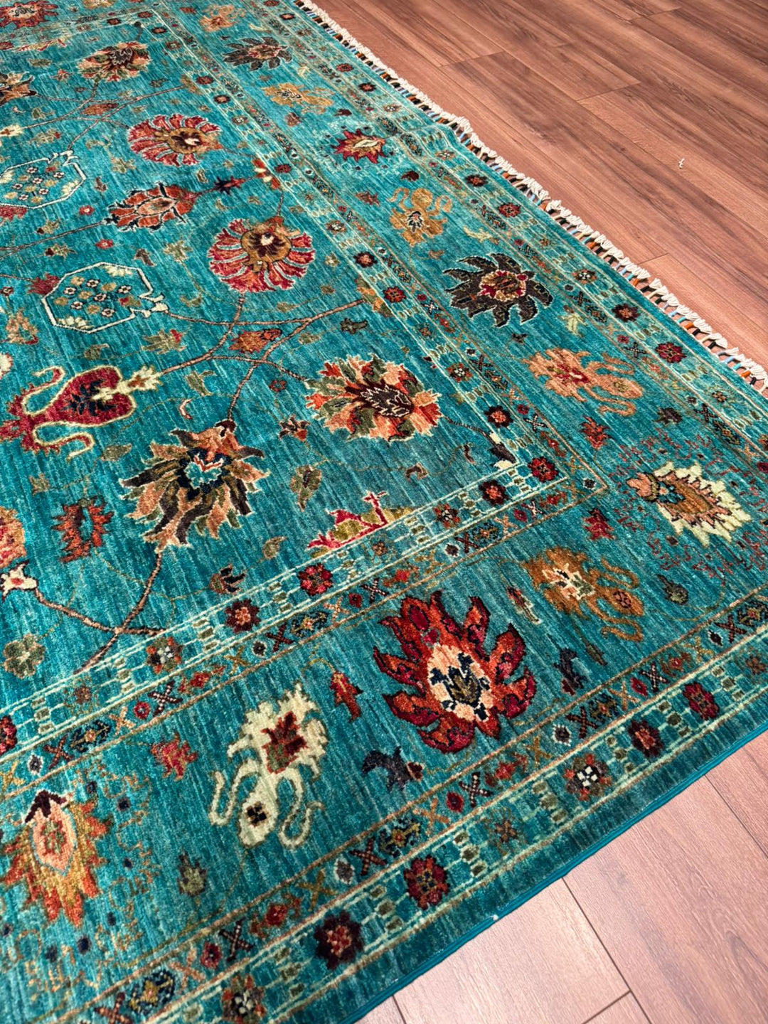 Sultani One Thousand and One Nights Original Handwoven Turquoise Root Dye Wool Rug 252x302 cm (7.61 square meters) - 8x10 ft 