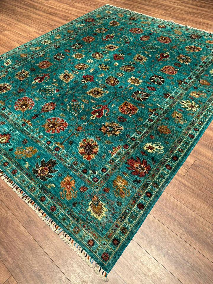 Sultani One Thousand and One Nights Original Handwoven Turquoise Root Dye Wool Rug 252x302 cm (7.61 square meters) - 8x10 ft 
