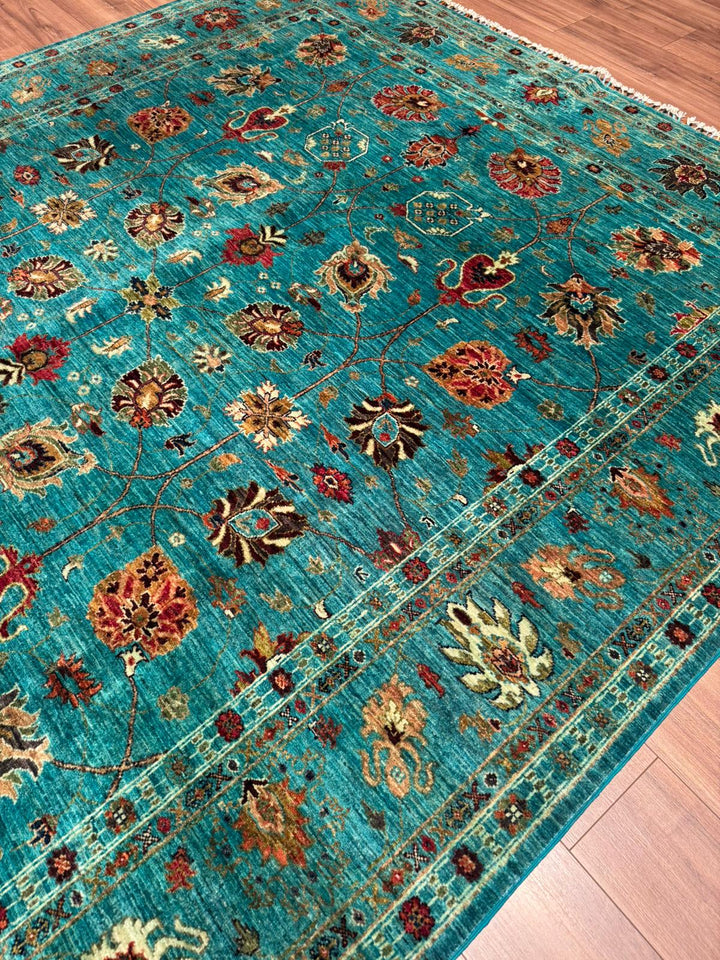 Sultani One Thousand and One Nights Original Handwoven Turquoise Root Dye Wool Rug 252x302 cm (7.61 square meters) - 8x10 ft 