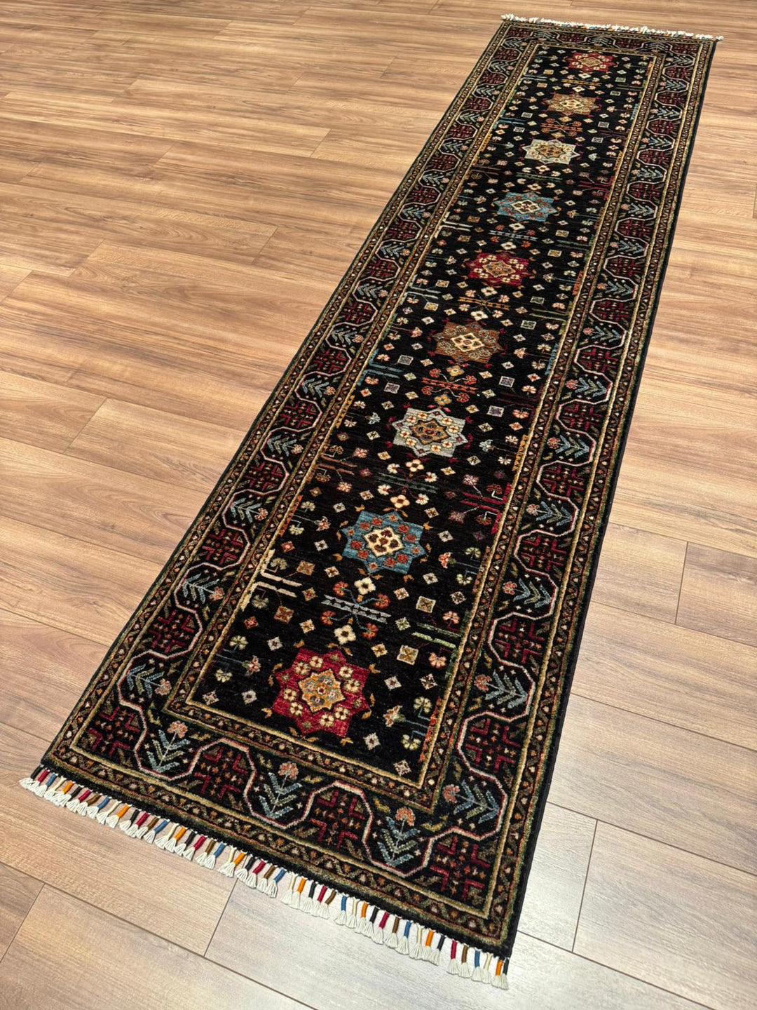 Veziri Bilcik Original Handwoven Runner Rug, Black Root Dye Wool Carpet, 0.82x309 cm (2.53 square meters) - 3x10 ft 