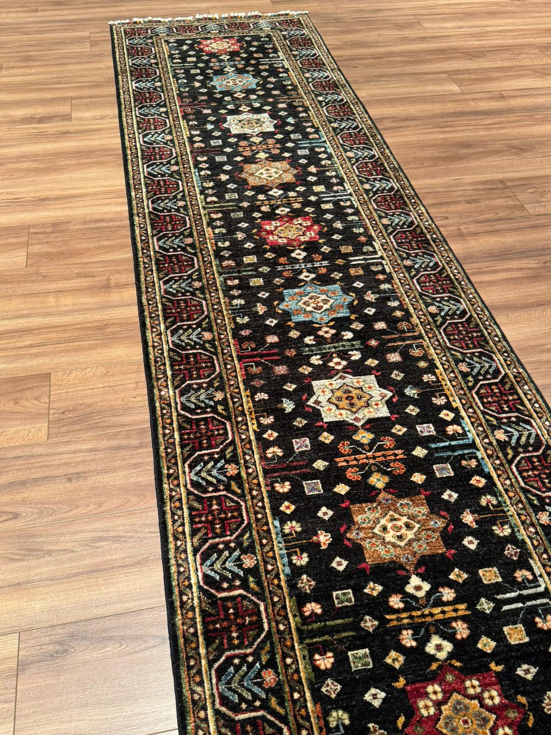 Veziri Bilcik Original Handwoven Runner Rug, Black Root Dye Wool Carpet, 0.82x309 cm (2.53 square meters) - 3x10 ft 