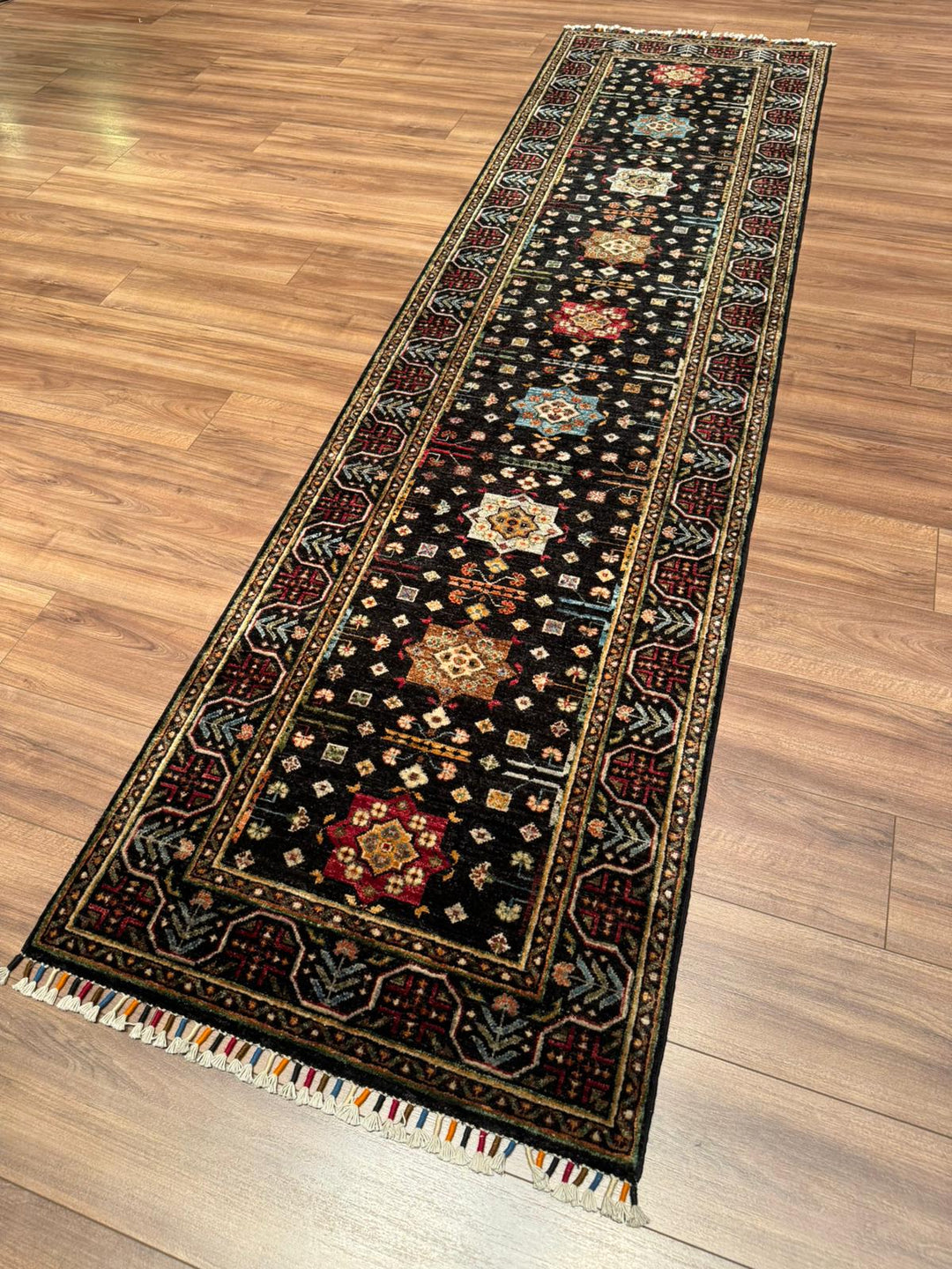 Veziri Bilcik Original Handwoven Runner Rug, Black Root Dye Wool Carpet, 0.82x309 cm (2.53 square meters) - 3x10 ft 