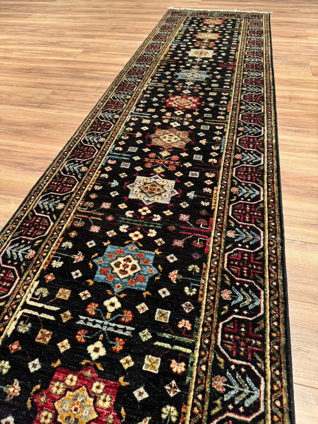 Veziri Bilcik Original Handwoven Runner Rug, Black Root Dye Wool Carpet, 0.82x309 cm (2.53 square meters) - 3x10 ft 