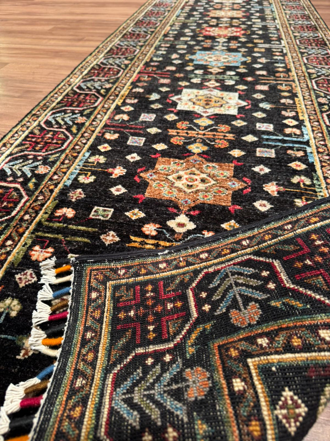 Veziri Bilcik Original Handwoven Runner Rug, Black Root Dye Wool Carpet, 0.82x309 cm (2.53 square meters) - 3x10 ft 