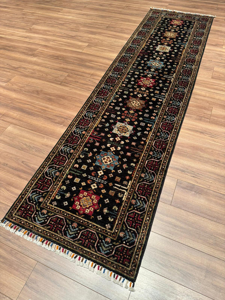 Veziri Bilcik Original Handwoven Runner Rug, Black Root Dye Wool, 0.84x308 cm (2.59 square meters) - 3x10 ft 
