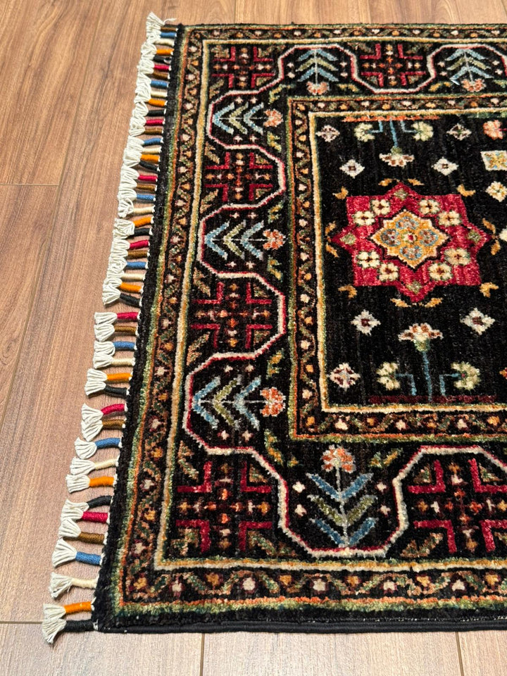 Veziri Bilcik Original Handwoven Runner Rug, Black Root Dye Wool, 0.84x308 cm (2.59 square meters) - 3x10 ft 