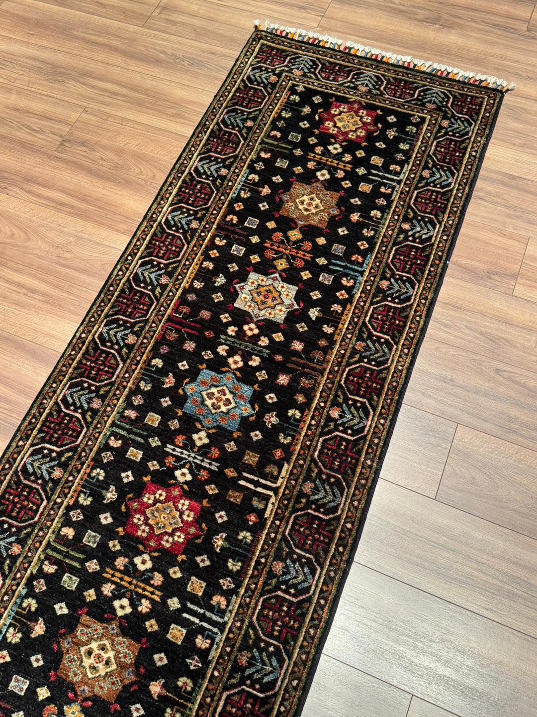 Veziri Bilcik Original Handwoven Runner Rug, Black Root Dye Wool, 0.84x308 cm (2.59 square meters) - 3x10 ft 
