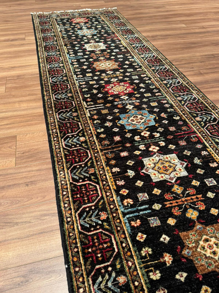 Veziri Bilcik Original Handwoven Runner Rug, Black Root Dye Wool, 0.84x308 cm (2.59 square meters) - 3x10 ft 