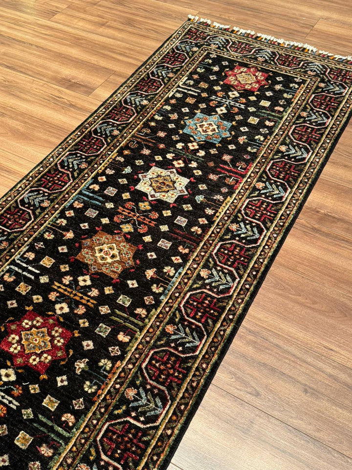 Veziri Bilcik Original Handwoven Runner Rug, Black Root Dye Wool, 0.84x308 cm (2.59 square meters) - 3x10 ft 