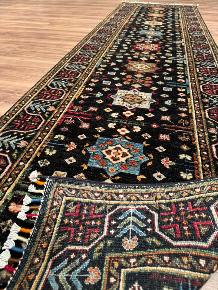 Veziri Bilcik Original Handwoven Runner Rug, Black Root Dye Wool, 0.84x308 cm (2.59 square meters) - 3x10 ft 