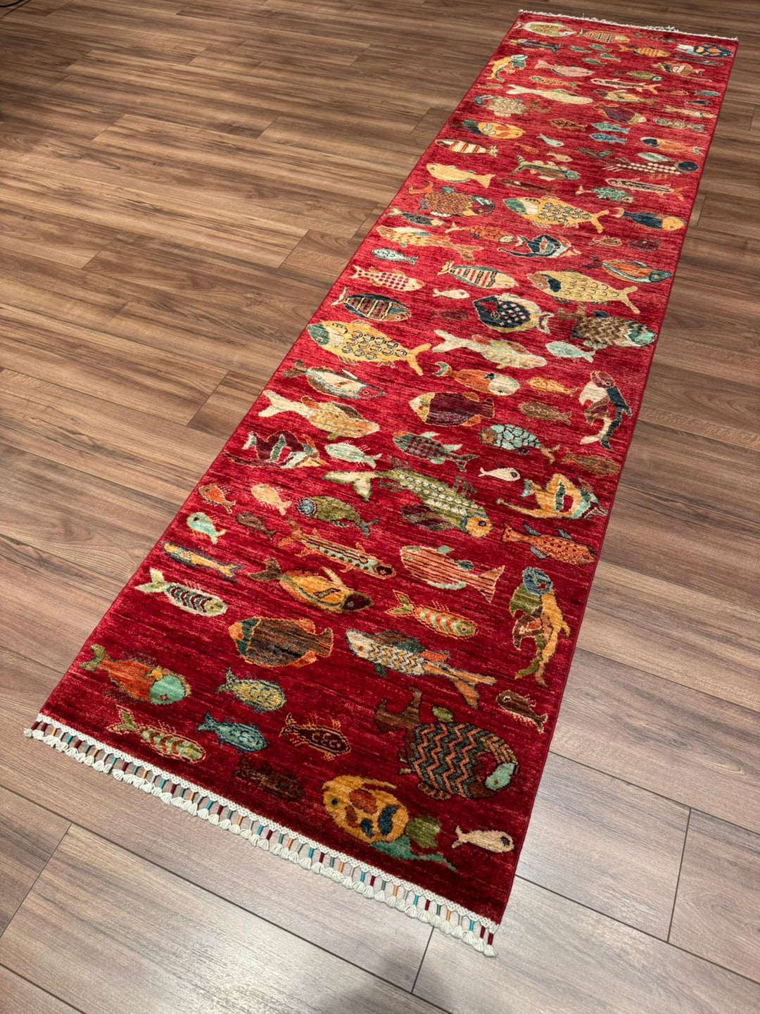 Balık Orijinal El Dokuması Yolluk Kırmızı Kök Boya Yün Halı 0.80x300 2.40 Metrekare - 3x10 ft