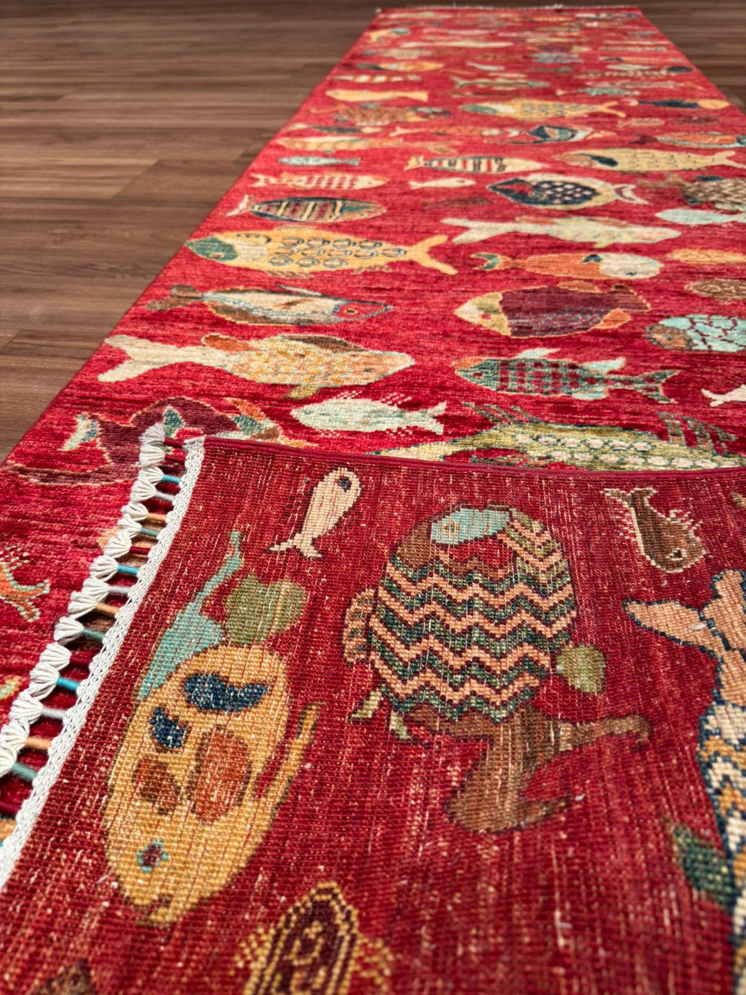 Balık Orijinal El Dokuması Yolluk Kırmızı Kök Boya Yün Halı 0.80x300 2.40 Metrekare - 3x10 ft