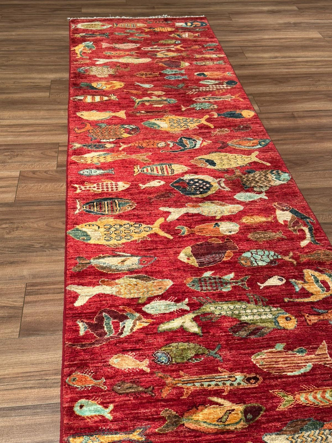Balık Orijinal El Dokuması Yolluk Kırmızı Kök Boya Yün Halı 0.80x300 2.40 Metrekare - 3x10 ft