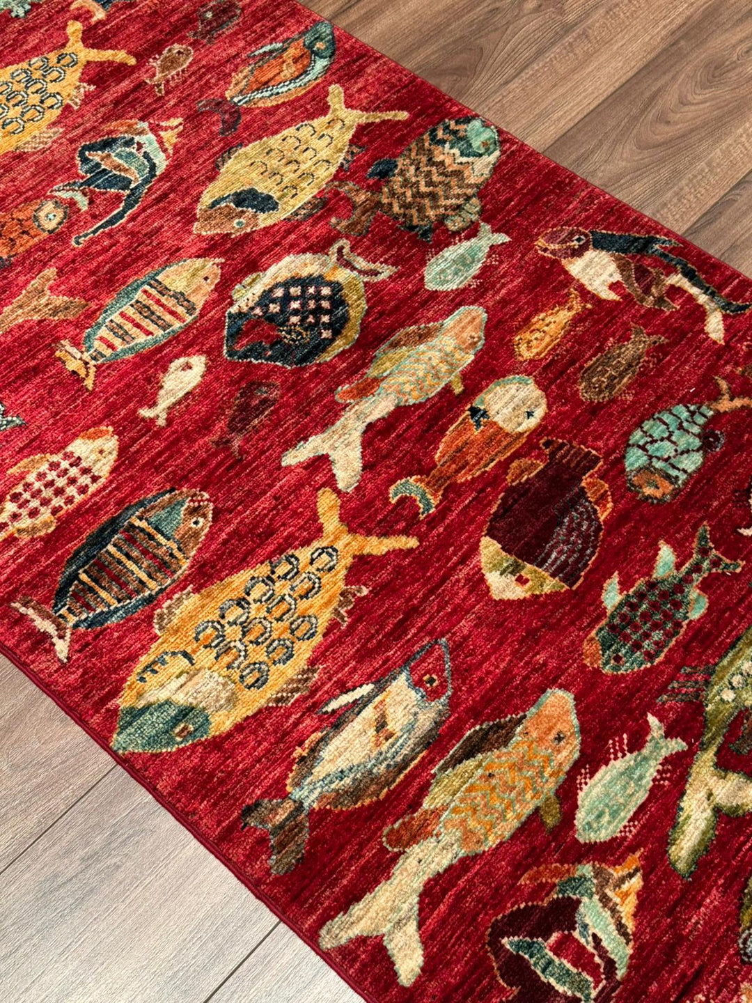 Balık Orijinal El Dokuması Yolluk Kırmızı Kök Boya Yün Halı 0.80x300 2.40 Metrekare - 3x10 ft