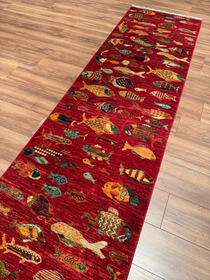 Balık Orijinal El Dokuması Yolluk Kırmızı Kök Boya Yün Halı 0.80x300 2.40 Metrekare - 3x10 ft