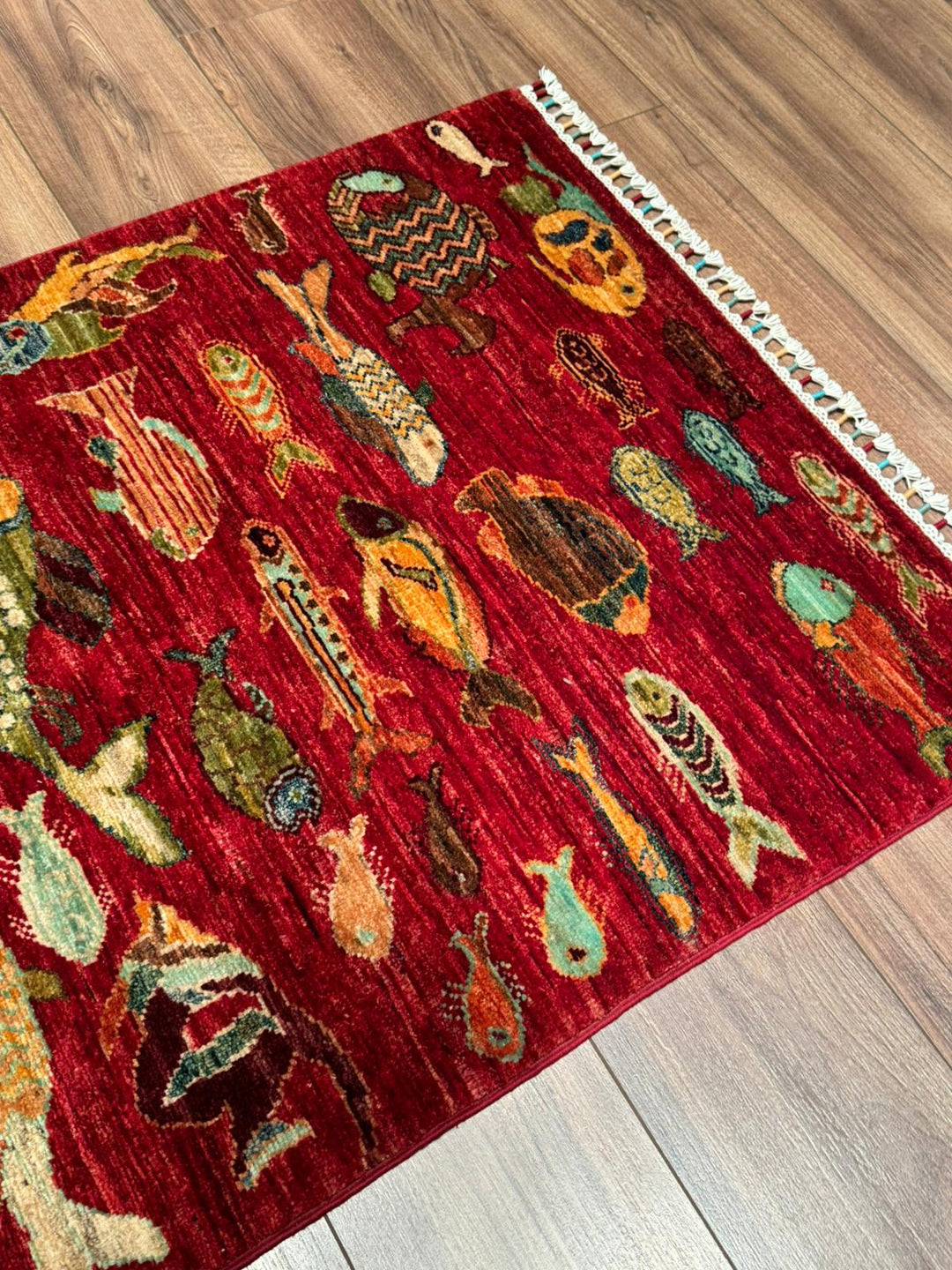 Balık Orijinal El Dokuması Yolluk Kırmızı Kök Boya Yün Halı 0.80x300 2.40 Metrekare - 3x10 ft