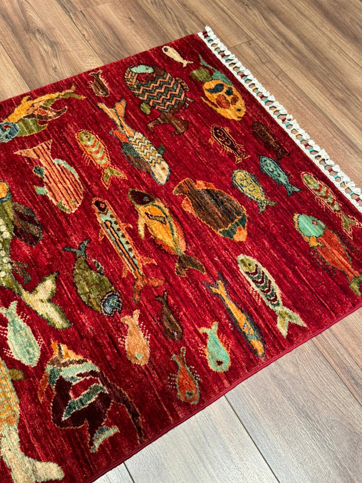 Balık Orijinal El Dokuması Yolluk Kırmızı Kök Boya Yün Halı 0.80x300 2.40 Metrekare - 3x10 ft