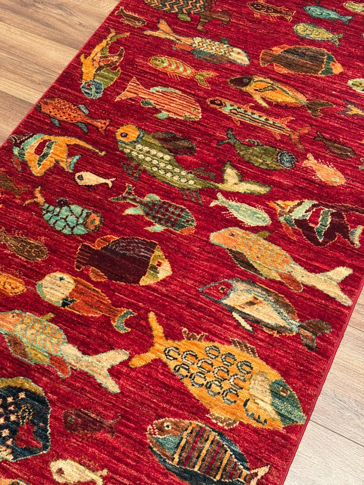 Balık Orijinal El Dokuması Yolluk Kırmızı Kök Boya Yün Halı 0.80x300 2.40 Metrekare - 3x10 ft