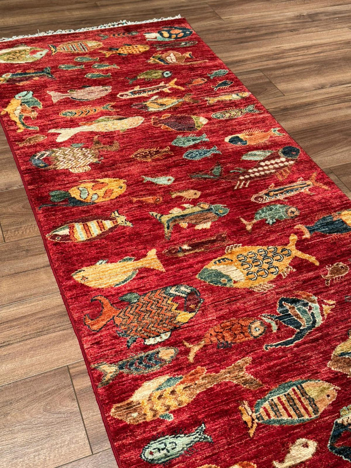 Balık Orijinal El Dokuması Yolluk Kırmızı Kök Boya Yün Halı 0.80x300 2.40 Metrekare - 3x10 ft