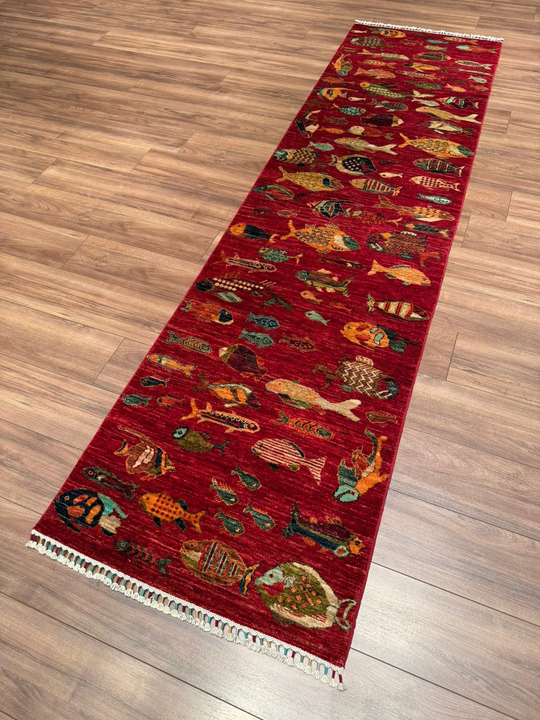 Balık Orijinal El Dokuması Yolluk Kırmızı Kök Boya Yün Halı 0.80x300 2.40 Metrekare - 3x10 ft
