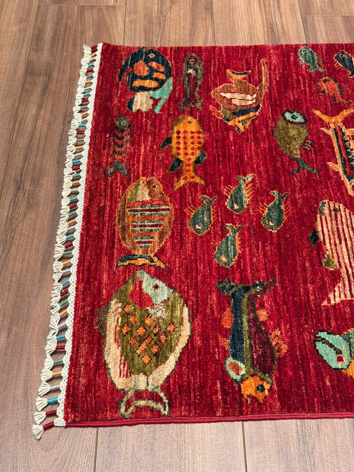 Balık Orijinal El Dokuması Yolluk Kırmızı Kök Boya Yün Halı 0.80x300 2.40 Metrekare - 3x10 ft