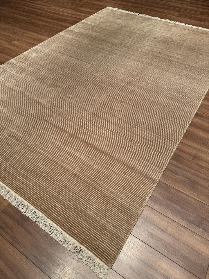 8/22 Orijinal El Dokuması Düz Açık Bej Yün Viskon Halı