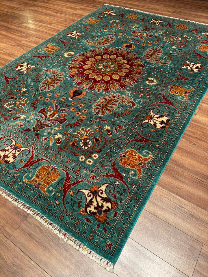 Sultani Binbirgece Orijinal El Dokuması Turkuaz Kök Boya Yün Halı 209x314 6.56 Metrekare - 6x10 ft