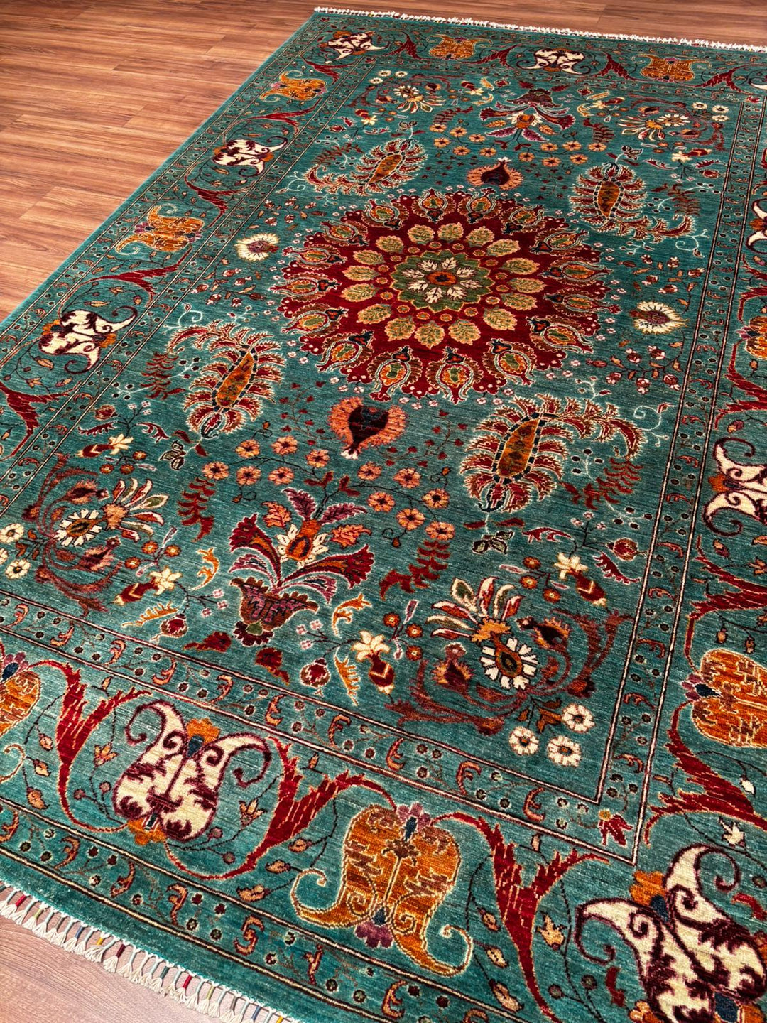 Sultani Binbirgece Orijinal El Dokuması Turkuaz Kök Boya Yün Halı 209x314 6.56 Metrekare - 6x10 ft