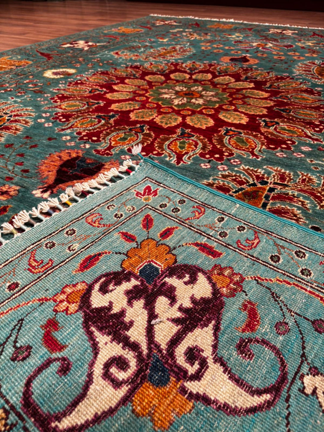 Sultani Binbirgece Orijinal El Dokuması Turkuaz Kök Boya Yün Halı 209x314 6.56 Metrekare - 6x10 ft