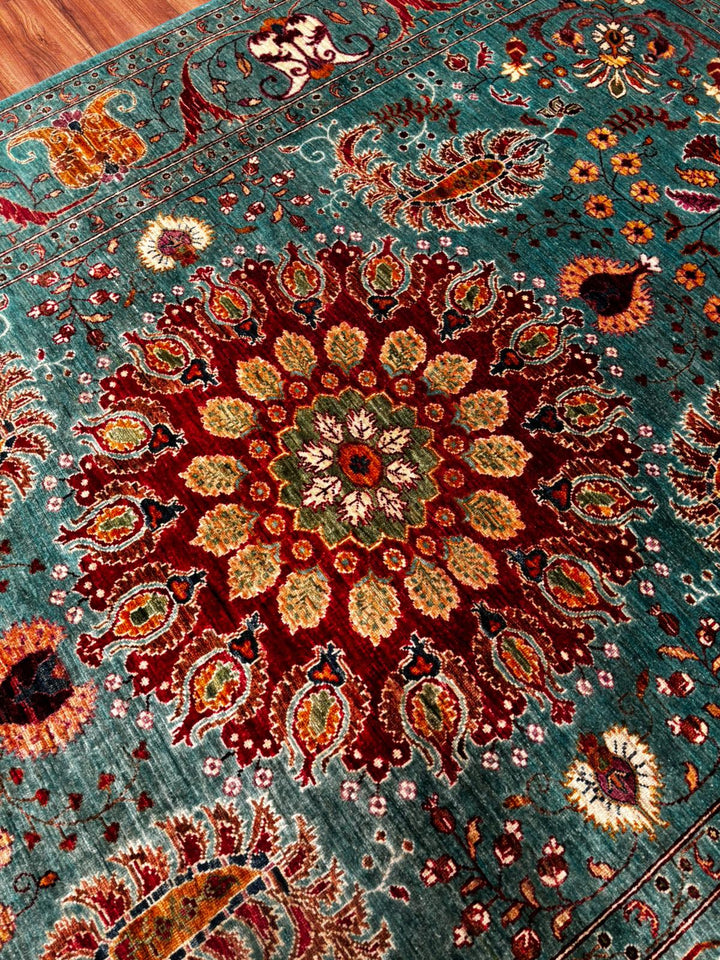 Sultani Binbirgece Orijinal El Dokuması Turkuaz Kök Boya Yün Halı 209x314 6.56 Metrekare - 6x10 ft