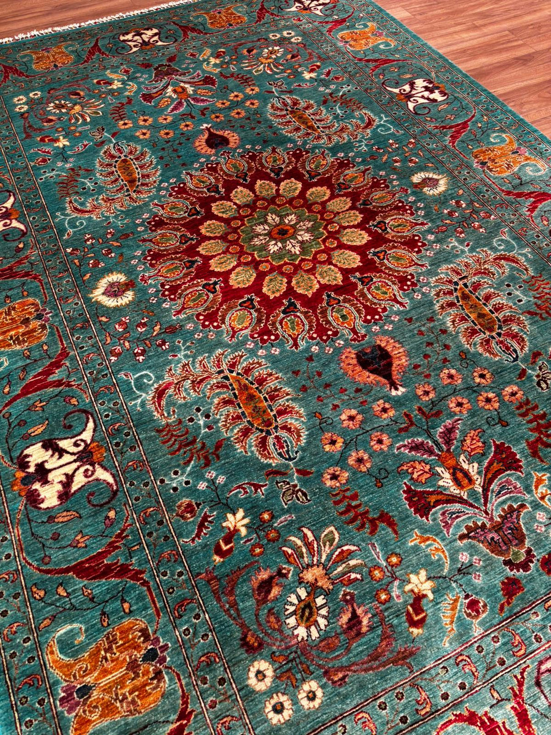 Sultani Binbirgece Orijinal El Dokuması Turkuaz Kök Boya Yün Halı 209x314 6.56 Metrekare - 6x10 ft