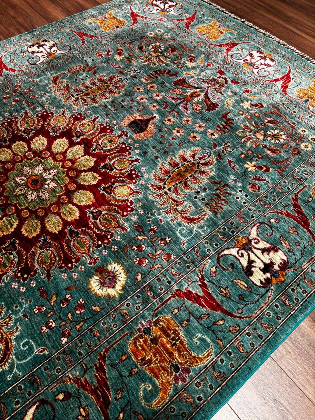 Sultani Binbirgece Orijinal El Dokuması Turkuaz Kök Boya Yün Halı 209x314 6.56 Metrekare - 6x10 ft