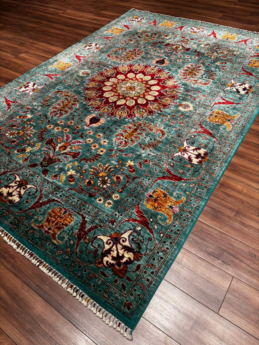 Sultani Binbirgece Orijinal El Dokuması Turkuaz Kök Boya Yün Halı 209x314 6.56 Metrekare - 6x10 ft