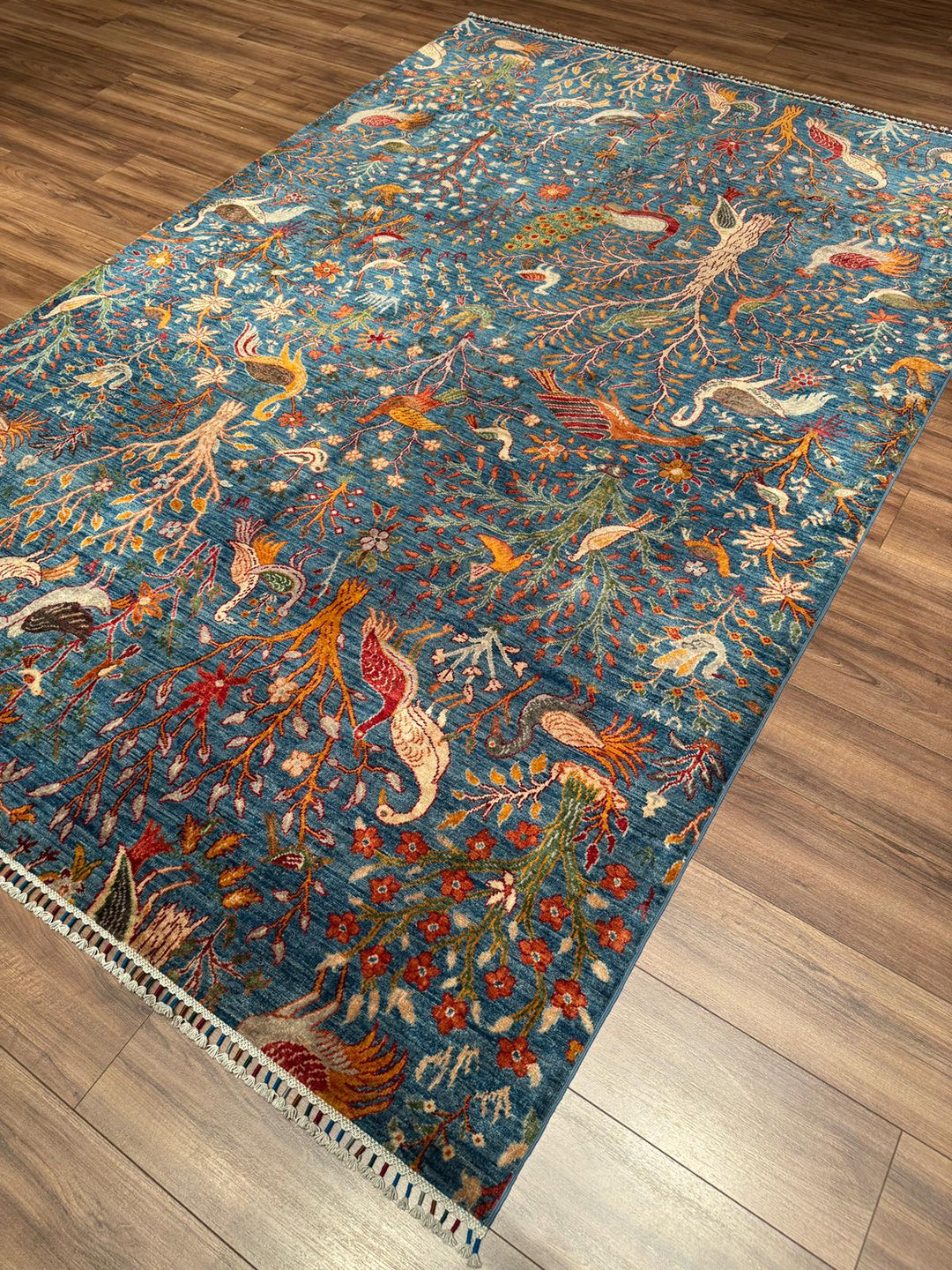 Sultani Kuş Motifli Orijinal El Dokuması Mavi Kök Boya Yün Halı 200x302 6.04 Metrekare - 7x10 ft