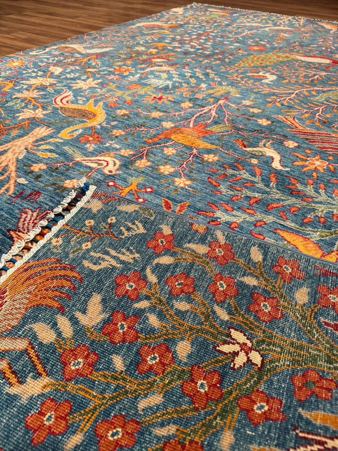 Sultani Kuş Motifli Orijinal El Dokuması Mavi Kök Boya Yün Halı 200x302 6.04 Metrekare - 7x10 ft