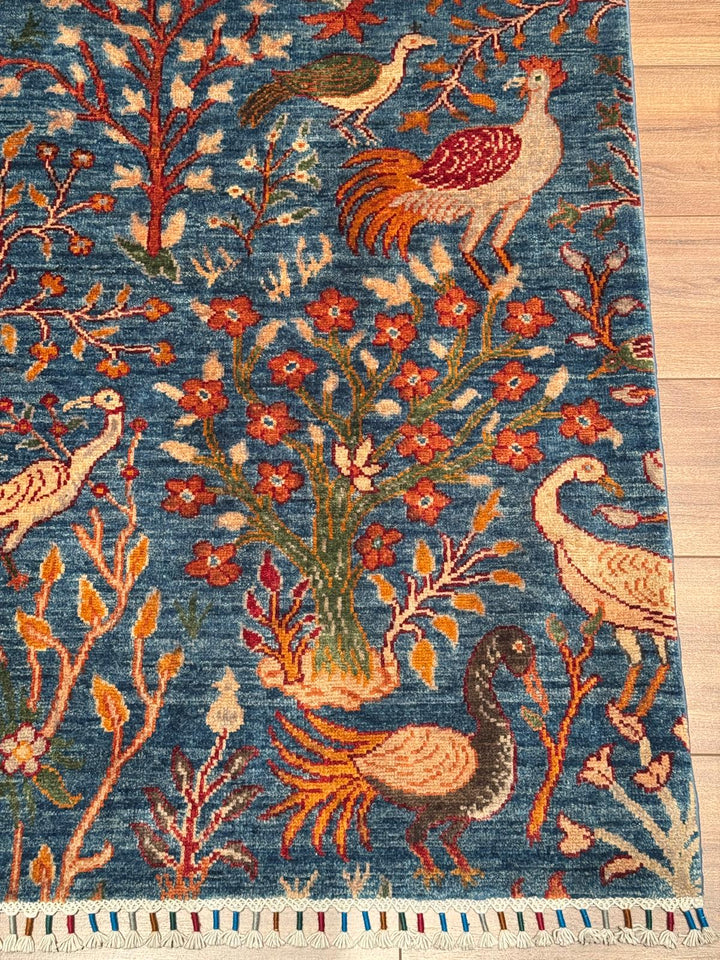 Sultani Kuş Motifli Orijinal El Dokuması Mavi Kök Boya Yün Halı 200x302 6.04 Metrekare - 7x10 ft