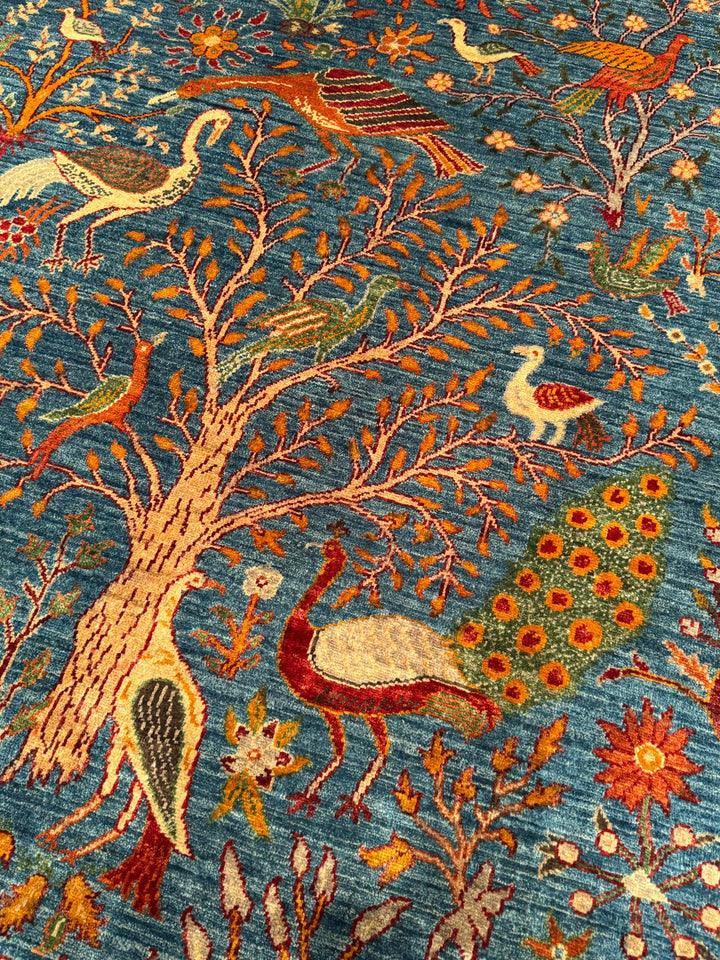 Sultani Kuş Motifli Orijinal El Dokuması Mavi Kök Boya Yün Halı 200x302 6.04 Metrekare - 7x10 ft