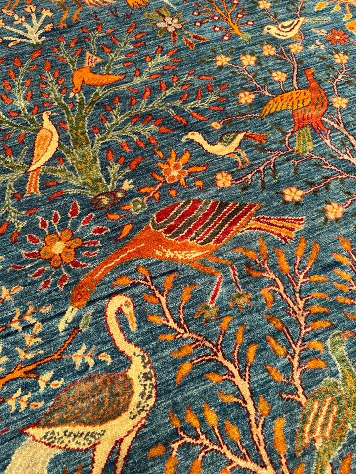 Sultani Kuş Motifli Orijinal El Dokuması Mavi Kök Boya Yün Halı 200x302 6.04 Metrekare - 7x10 ft