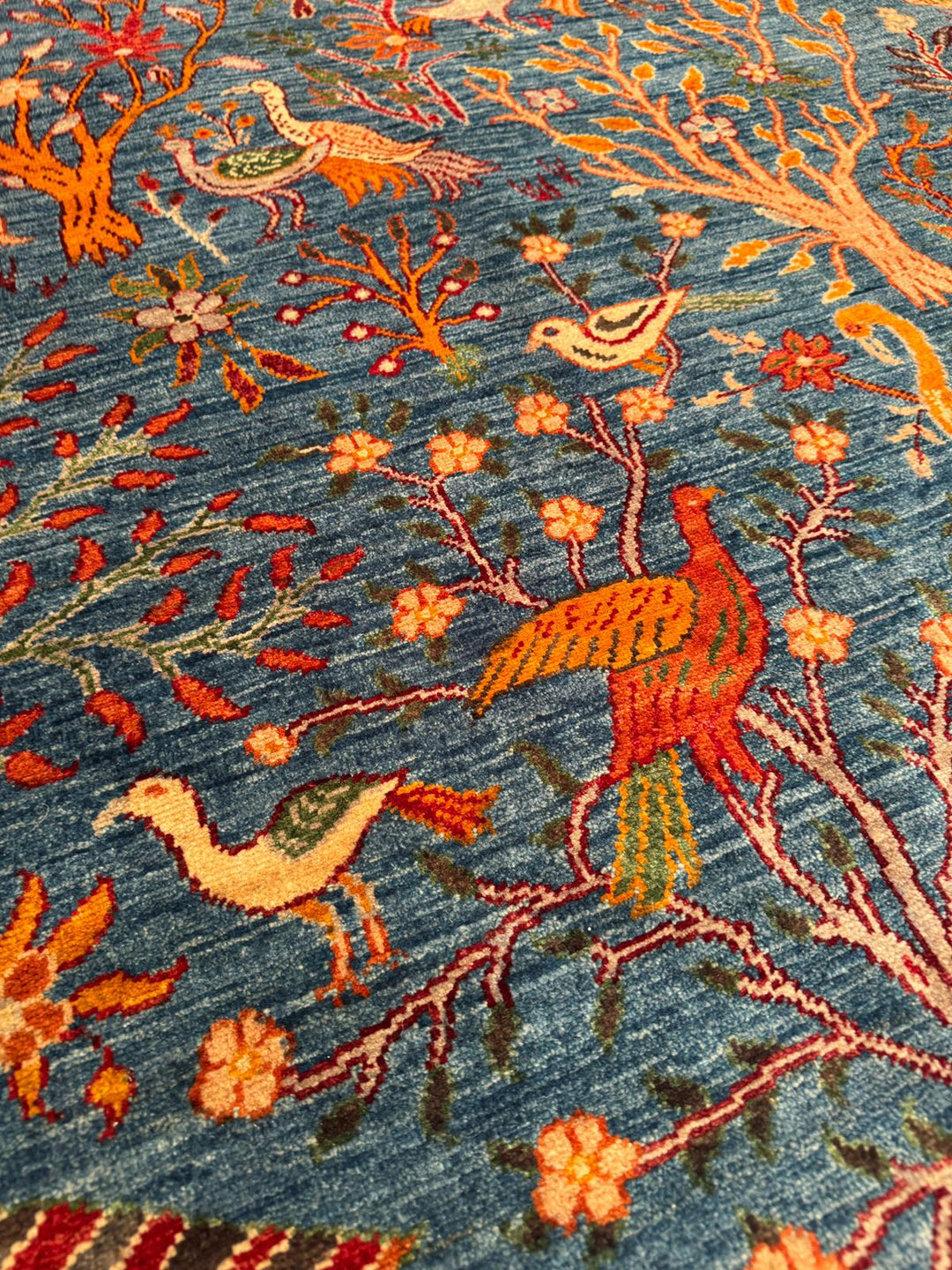 Sultani Kuş Motifli Orijinal El Dokuması Mavi Kök Boya Yün Halı 200x302 6.04 Metrekare - 7x10 ft