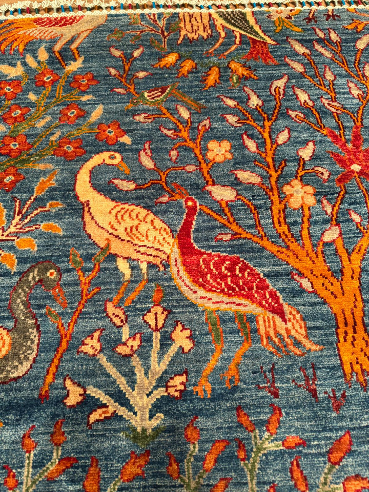 Sultani Kuş Motifli Orijinal El Dokuması Mavi Kök Boya Yün Halı 200x302 6.04 Metrekare - 7x10 ft