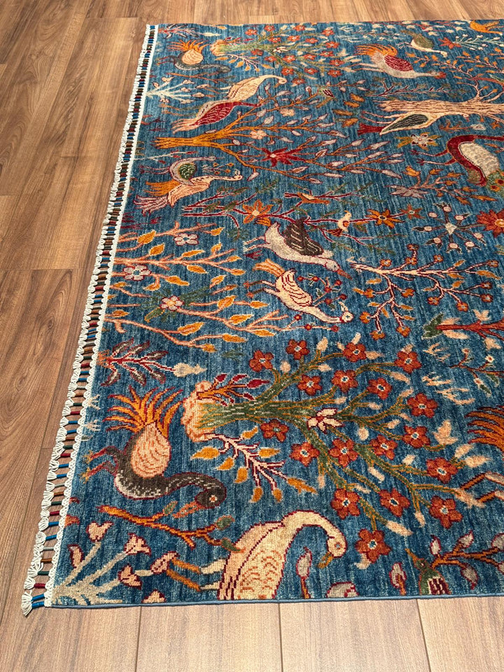 Sultani Kuş Motifli Orijinal El Dokuması Mavi Kök Boya Yün Halı 200x302 6.04 Metrekare - 7x10 ft