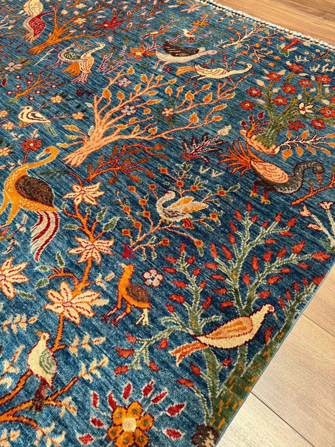 Sultani Kuş Motifli Orijinal El Dokuması Mavi Kök Boya Yün Halı 200x302 6.04 Metrekare - 7x10 ft