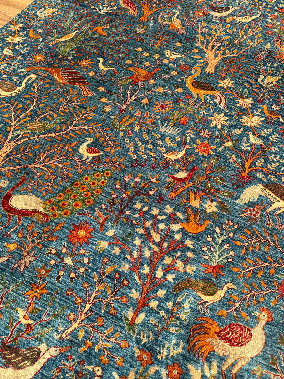 Sultani Kuş Motifli Orijinal El Dokuması Mavi Kök Boya Yün Halı 200x302 6.04 Metrekare - 7x10 ft