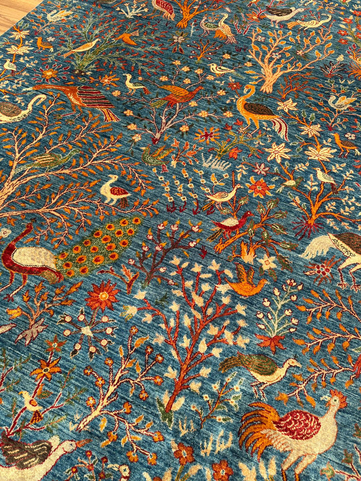 Sultani Kuş Motifli Orijinal El Dokuması Mavi Kök Boya Yün Halı 200x302 6.04 Metrekare - 7x10 ft