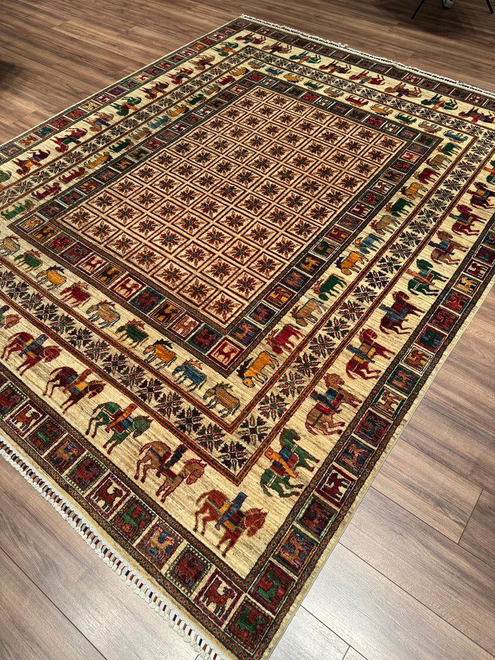 Pazırık Orijinal El Dokuması Bej Kök Boya Yün Halı 242x301 7.28 Metrekare - 8x10 ft