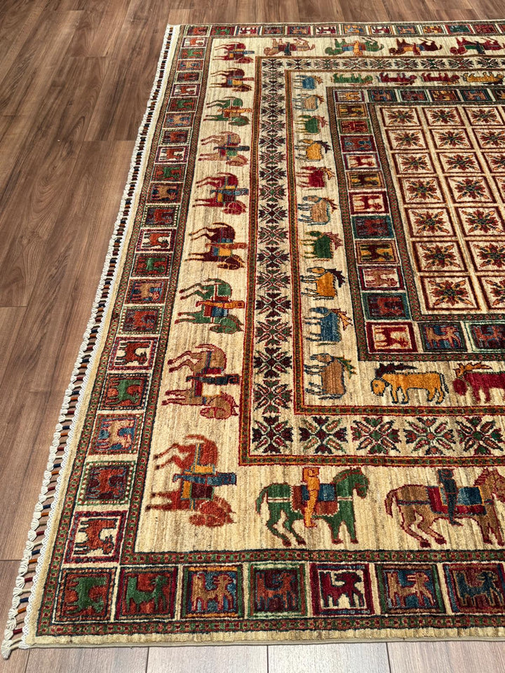Pazırık Orijinal El Dokuması Bej Kök Boya Yün Halı 242x301 7.28 Metrekare - 8x10 ft