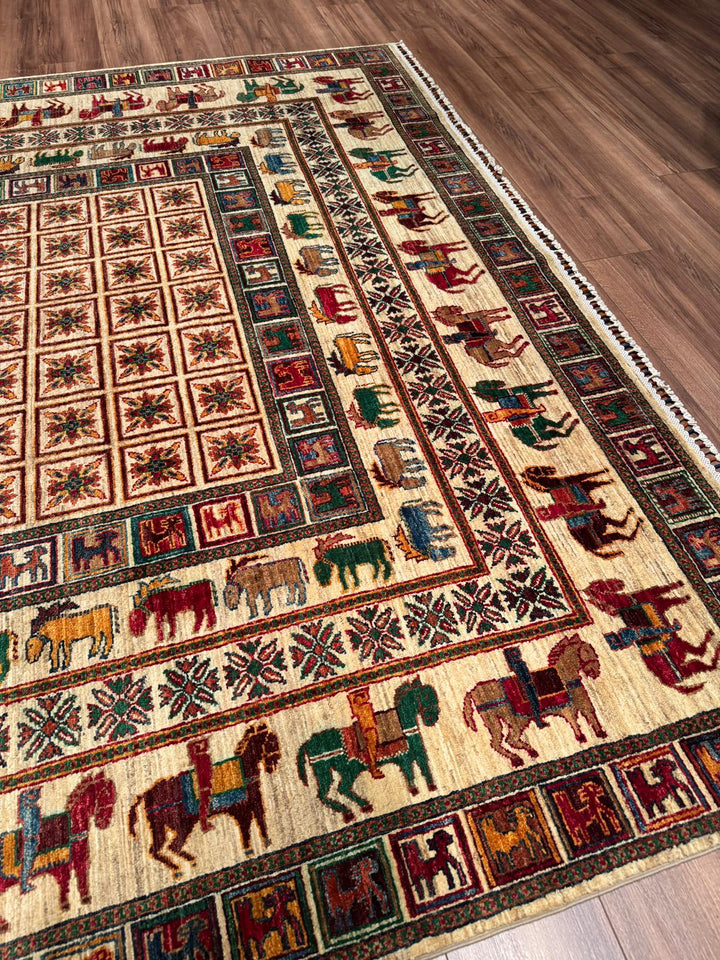Pazırık Orijinal El Dokuması Bej Kök Boya Yün Halı 242x301 7.28 Metrekare - 8x10 ft