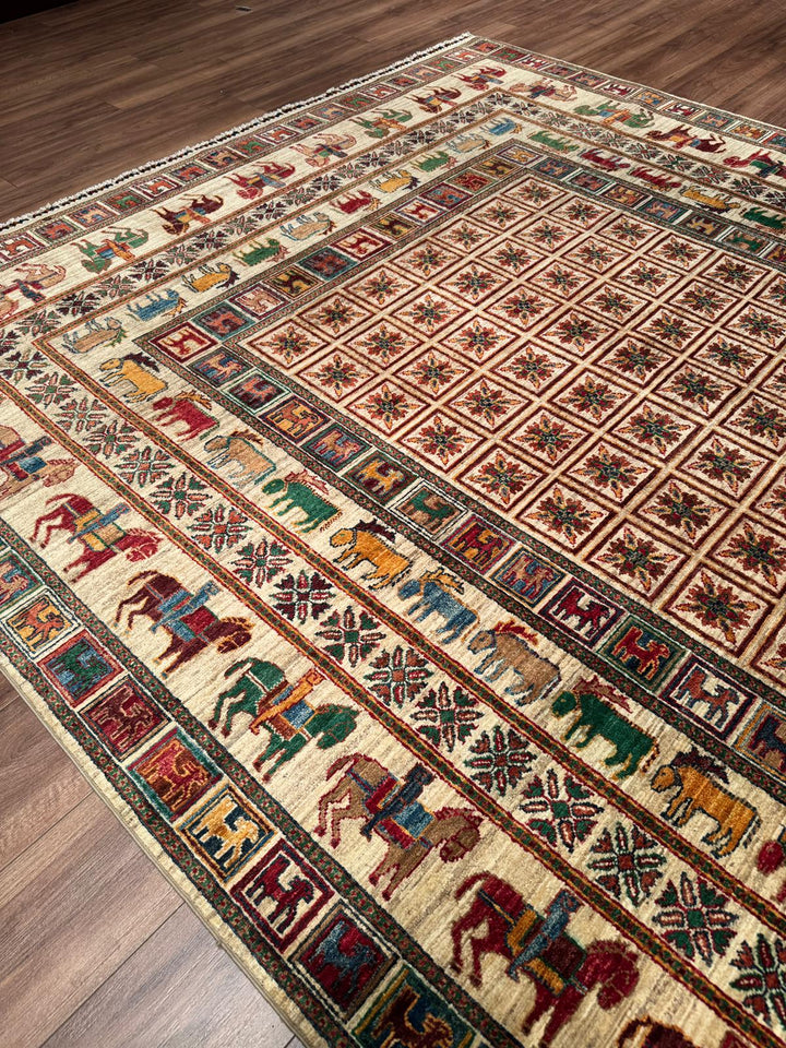 Pazırık Orijinal El Dokuması Bej Kök Boya Yün Halı 242x301 7.28 Metrekare - 8x10 ft
